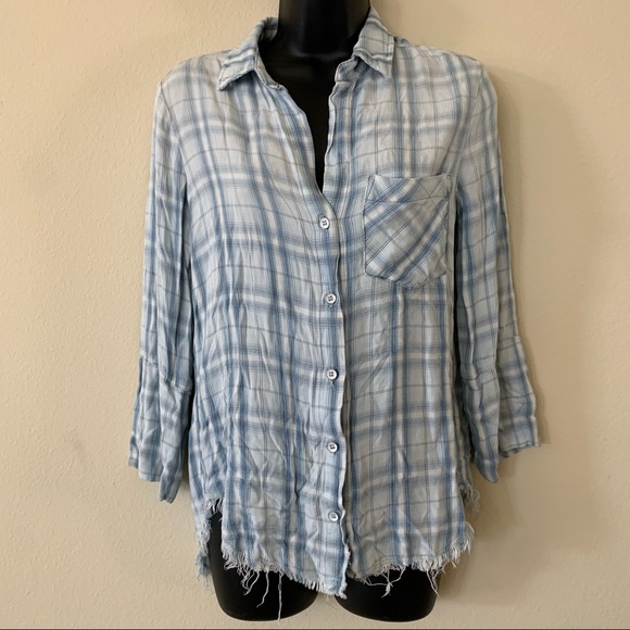 Anthropologie Tops - Cloth & Stone Blue White Frayed Button Up Flannel